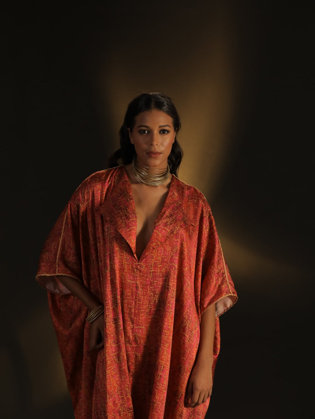 Candy Pink & Gold Printed Drape Kaftan