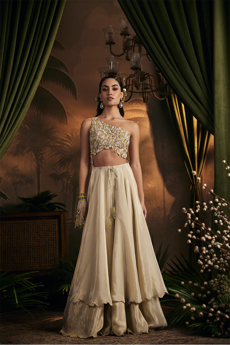 Sequins Intricate Cutwork Embroidered One Shoulder Double Layer Jumpsuit