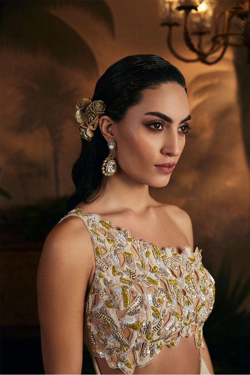 Sequins Intricate Cutwork Embroidered One Shoulder Double Layer Jumpsuit