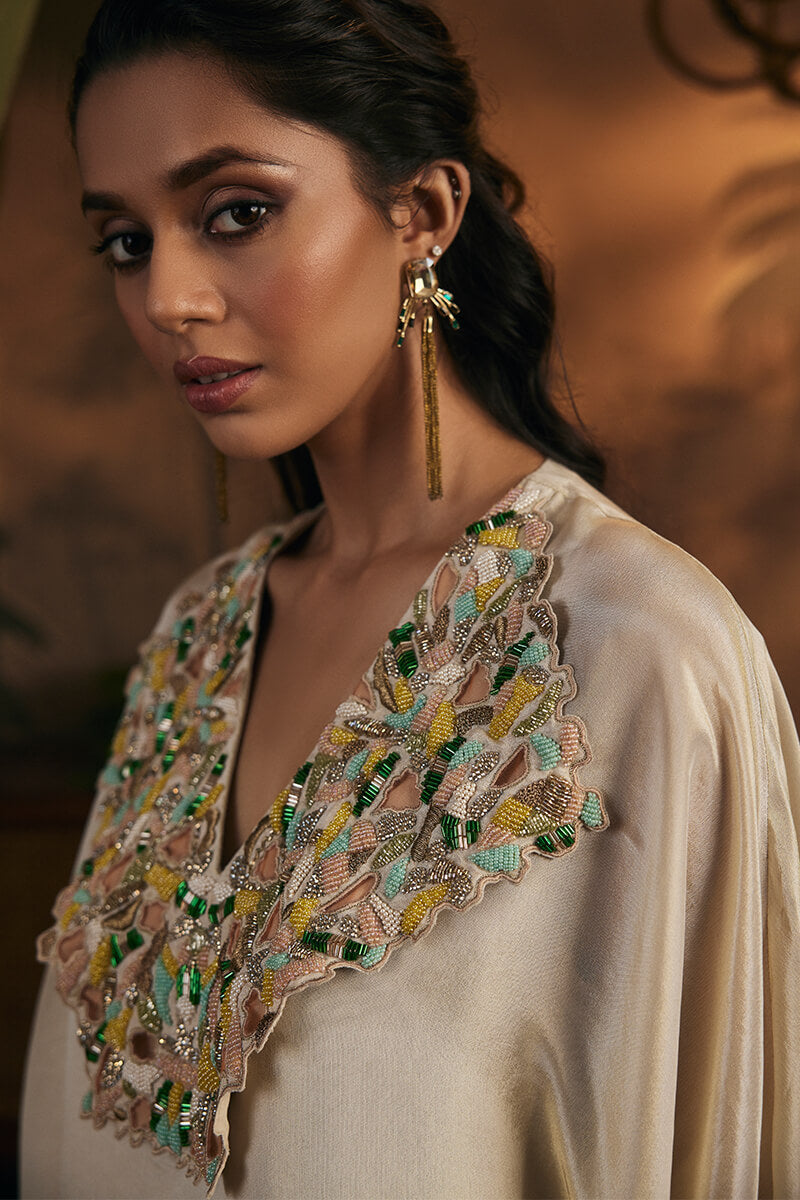 Embroidered Collar Kaftan with Slip