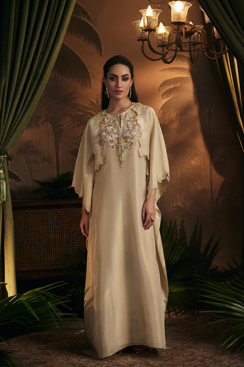 Embroidered Neck with Tassel Detail and Double Layer Kaftan with Slip