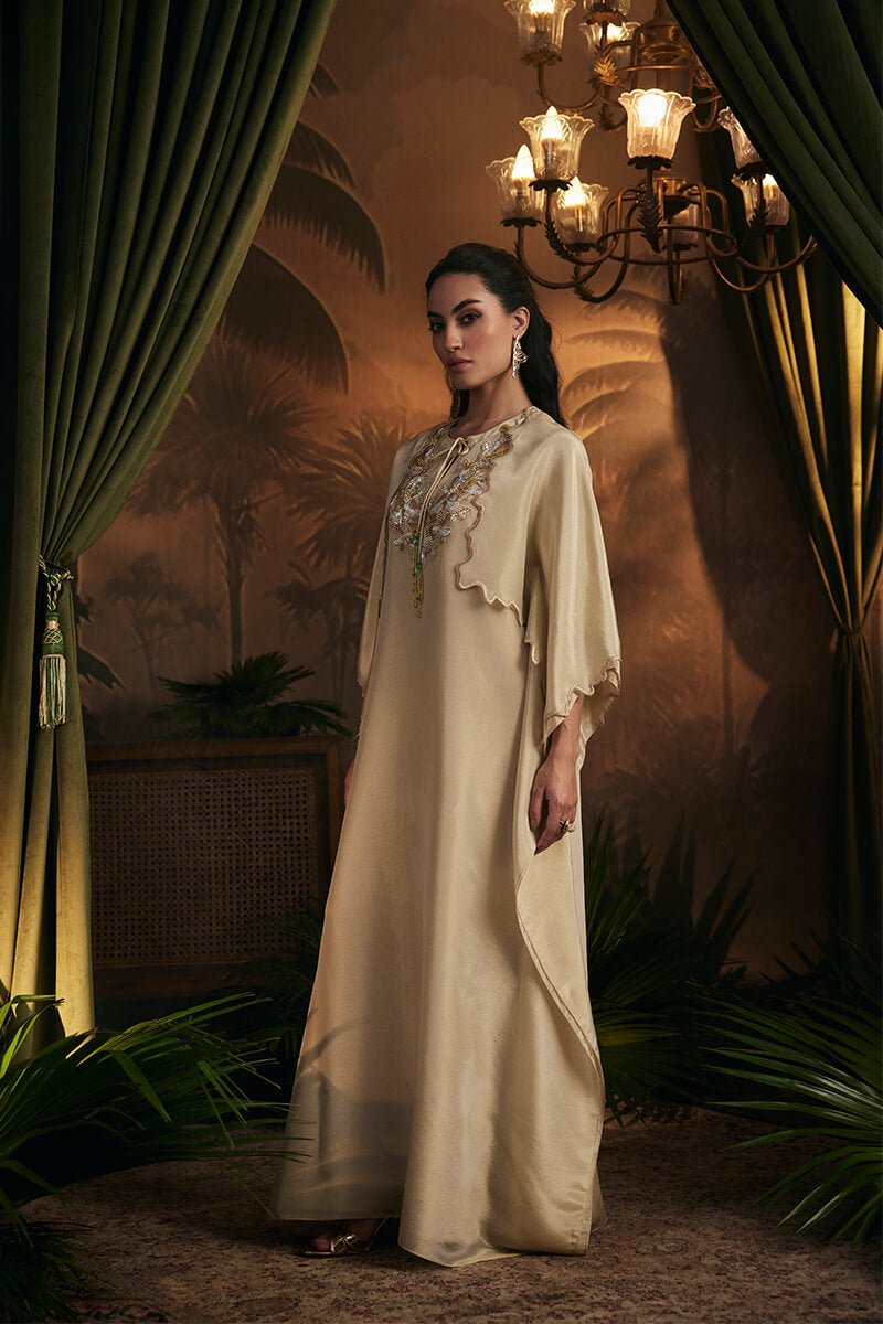 Embroidered Neck with Tassel Detail and Double Layer Kaftan with Slip