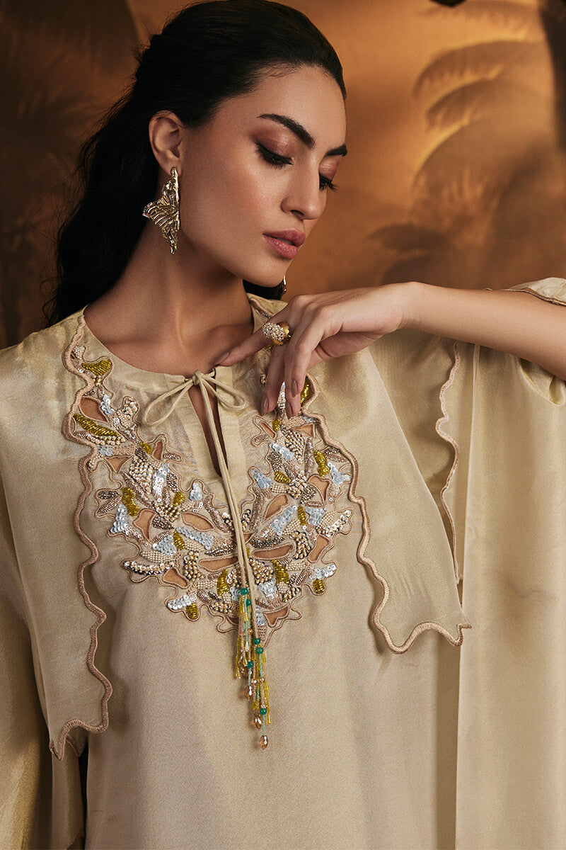 Embroidered Neck with Tassel Detail and Double Layer Kaftan with Slip