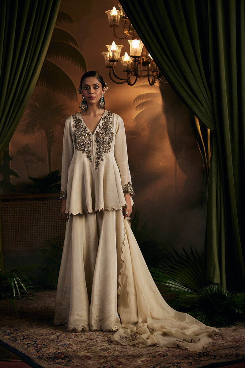 Antique Gold Front Open Short Kalidaar Paired with Sharara and Embroidered Dupatta