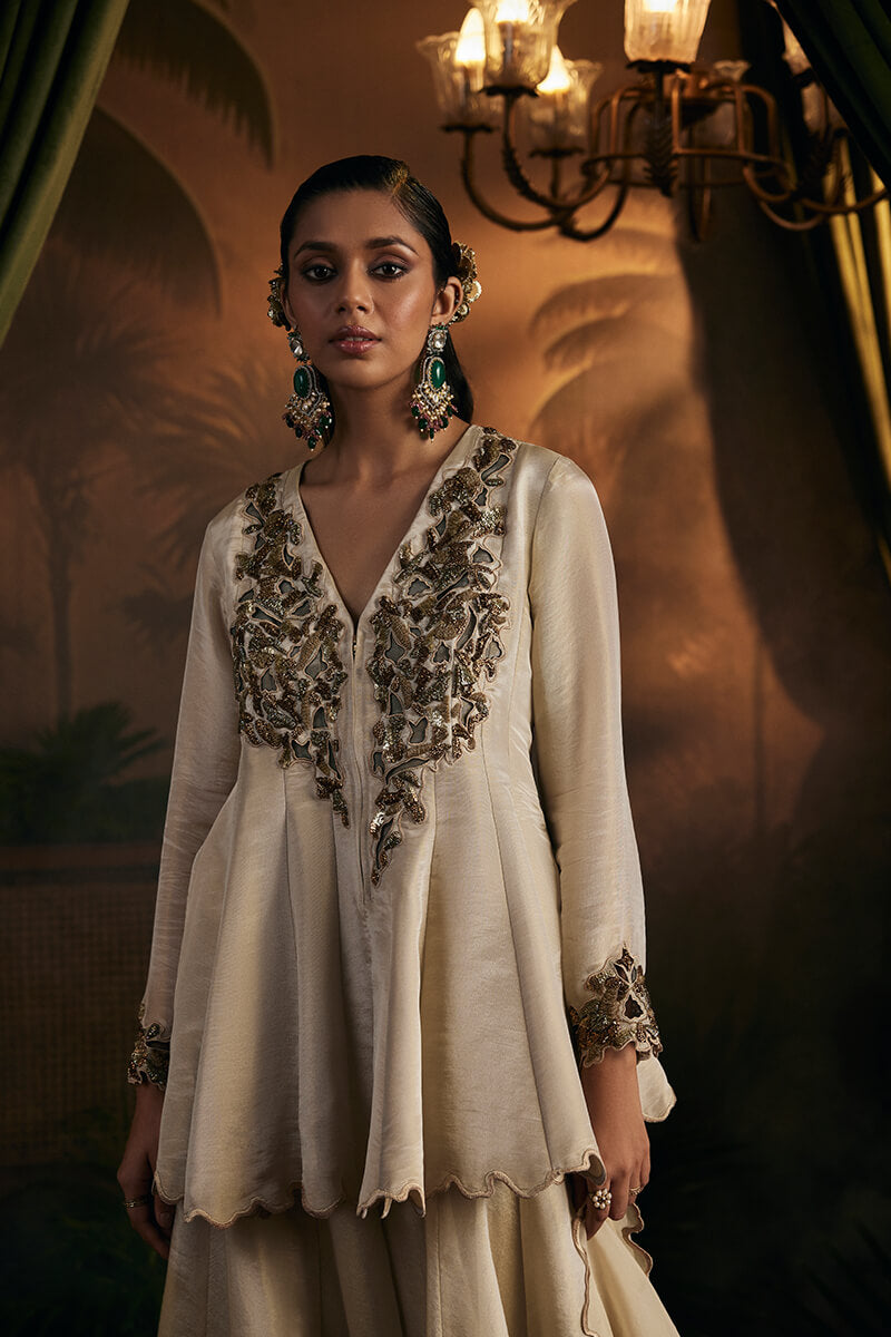 Antique Gold Front Open Short Kalidaar Paired with Sharara and Embroidered Dupatta