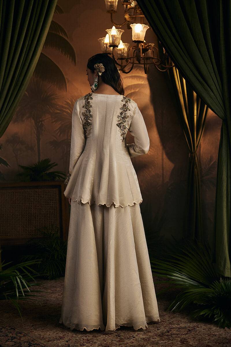 Antique Gold Front Open Short Kalidaar Paired with Sharara and Embroidered Dupatta