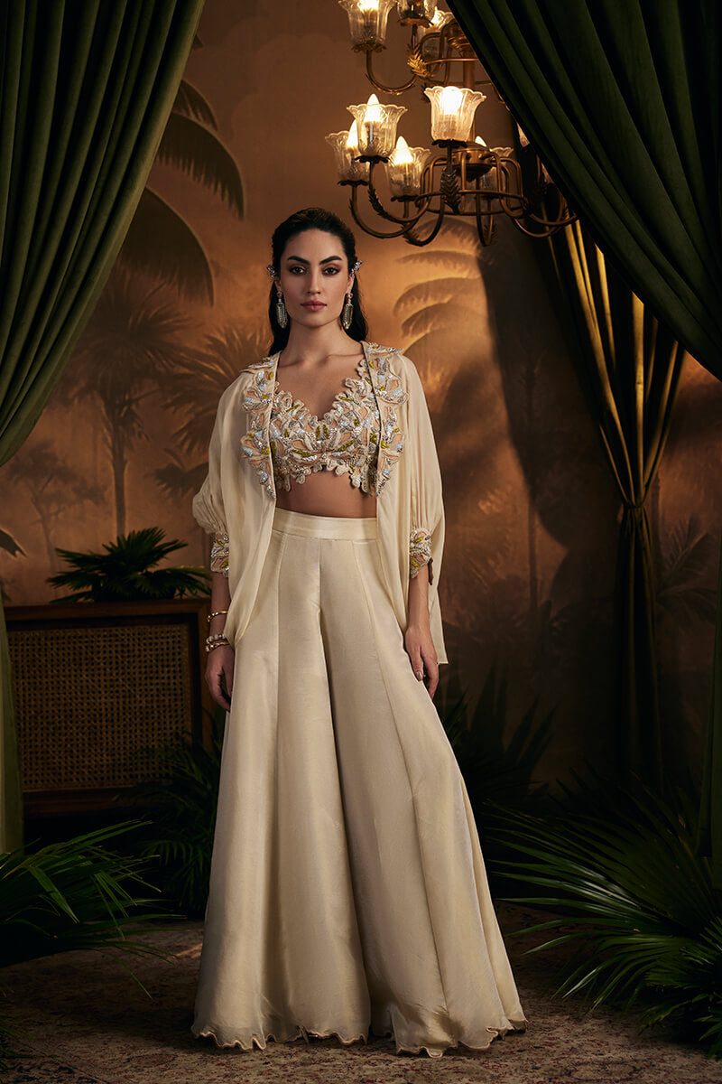 Sacllop Embroidered Blouse Paired with Sharara and Embroidered Cape