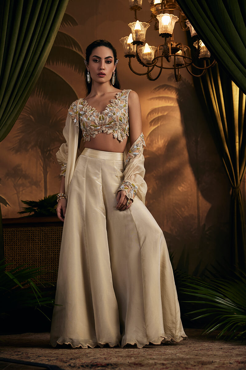 Sacllop Embroidered Blouse Paired with Sharara and Embroidered Cape