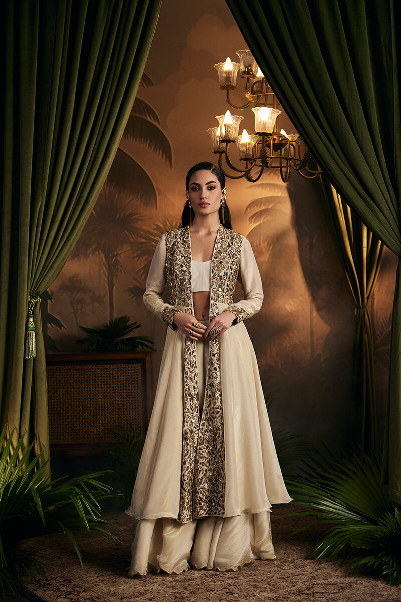 Antique Gold Embroidered Long Jacket Paired with Blouse