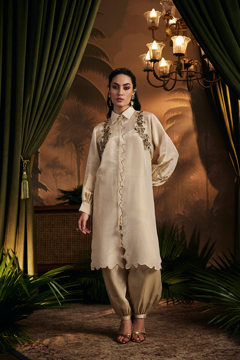 Antique Gold Embroidered Tunic  Paired with Afgani Pants