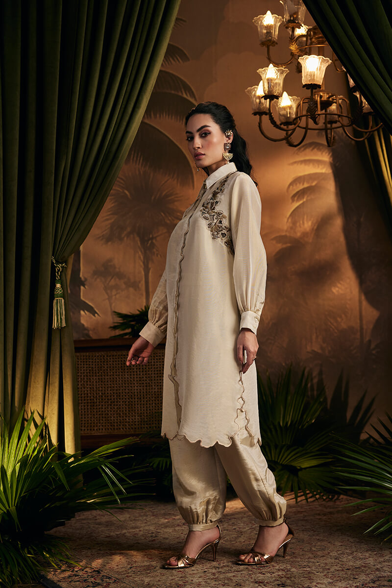 Antique Gold Embroidered Tunic  Paired with Afgani Pants