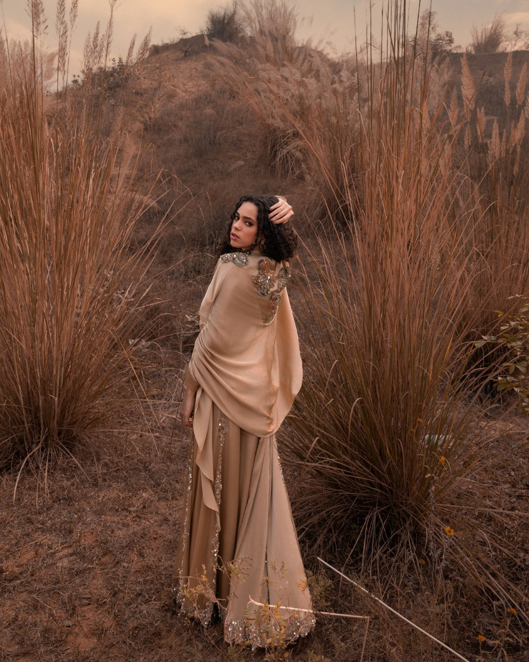 Beige Flared Jumpsuit With Cape