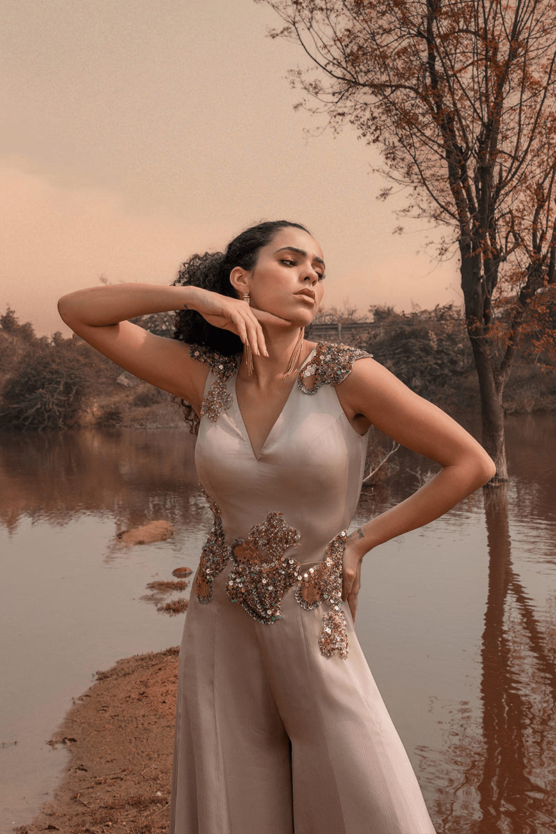 Beige Sleeveless Flared Jumpsuit