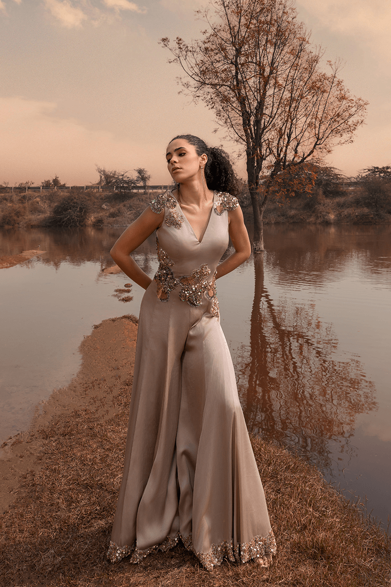 Beige Sleeveless Flared Jumpsuit