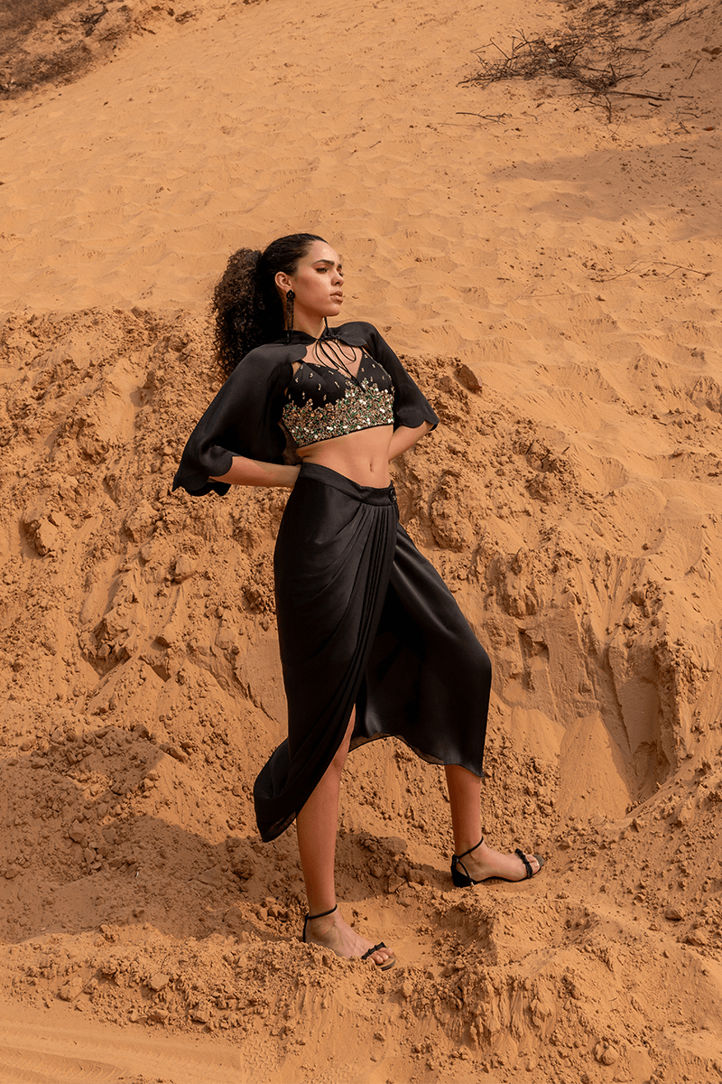 Black Drape Wrap Skirt Set