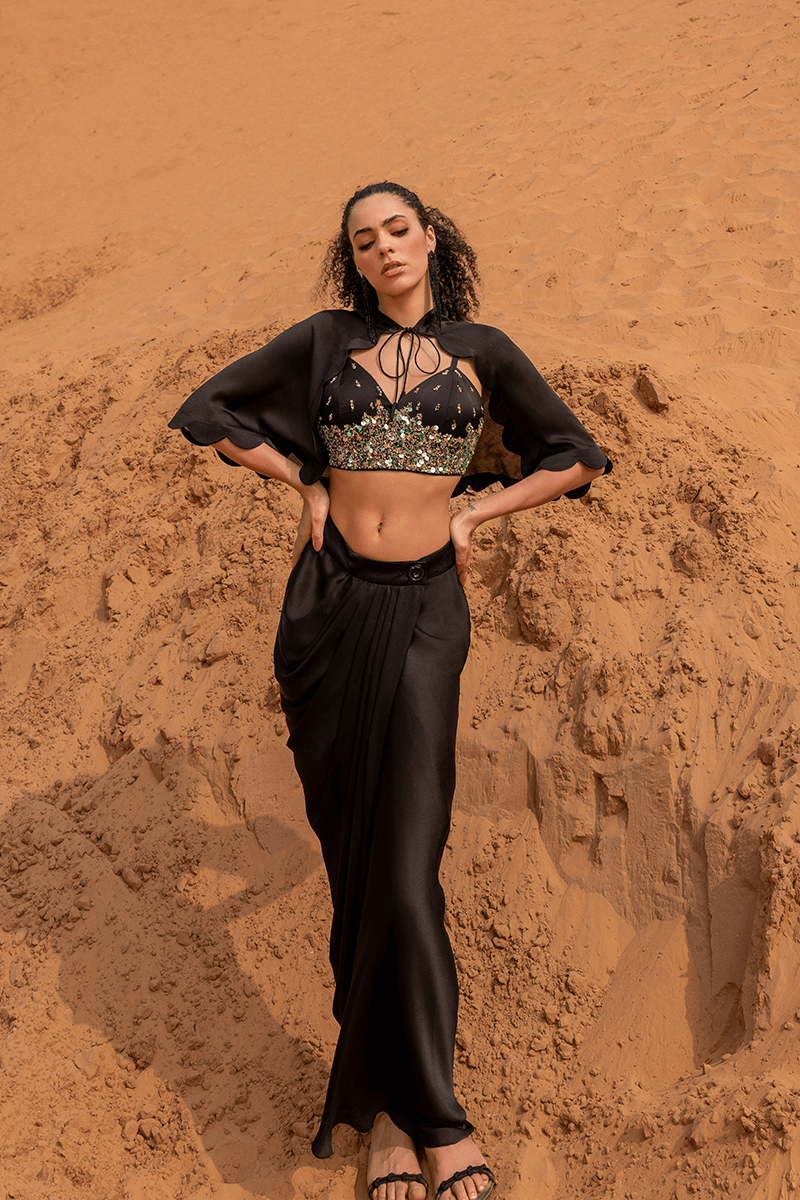 Black Drape Wrap Skirt Set