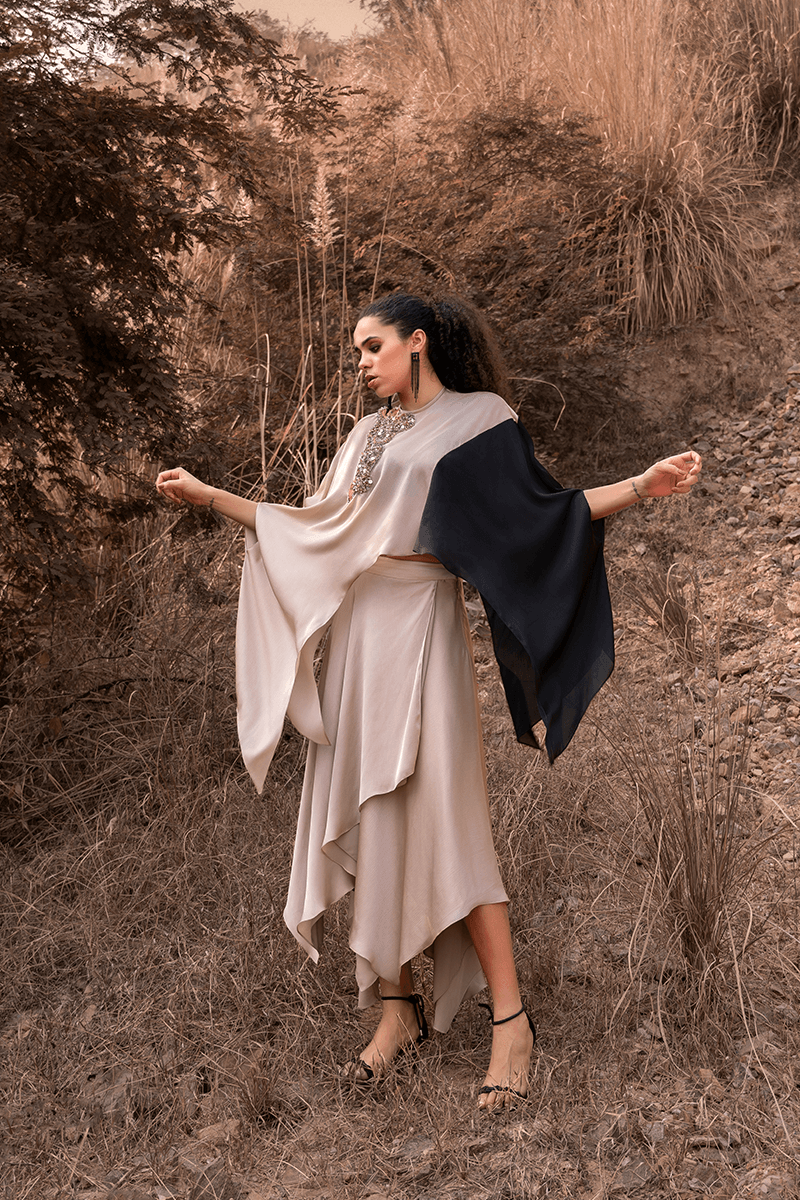 Beige Asymmetric Skirt Set