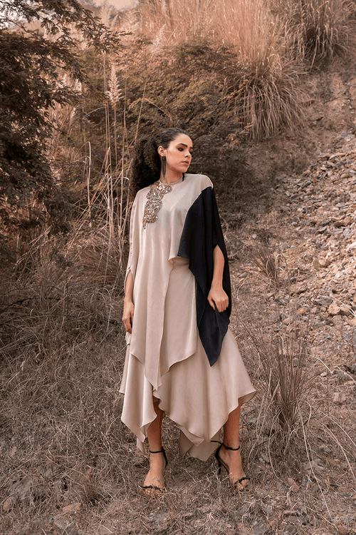 Beige Asymmetric Skirt Set