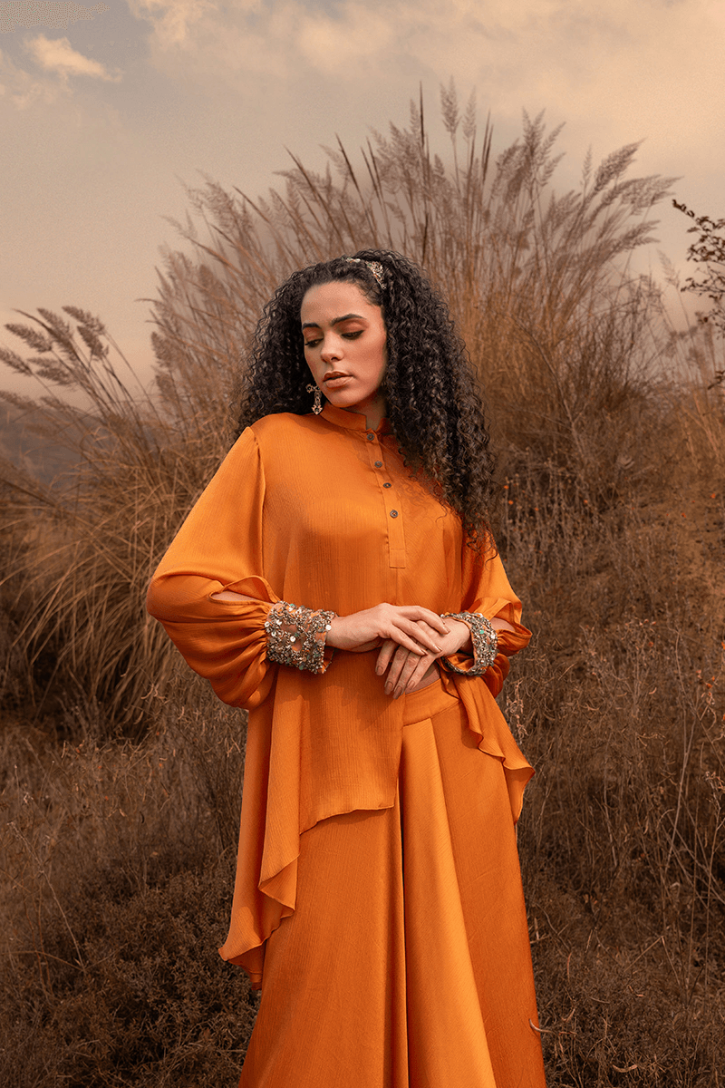 Orange Asymmetric Skirt Set