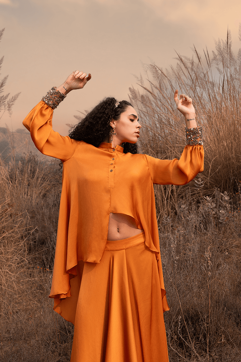 Orange Asymmetric Skirt Set