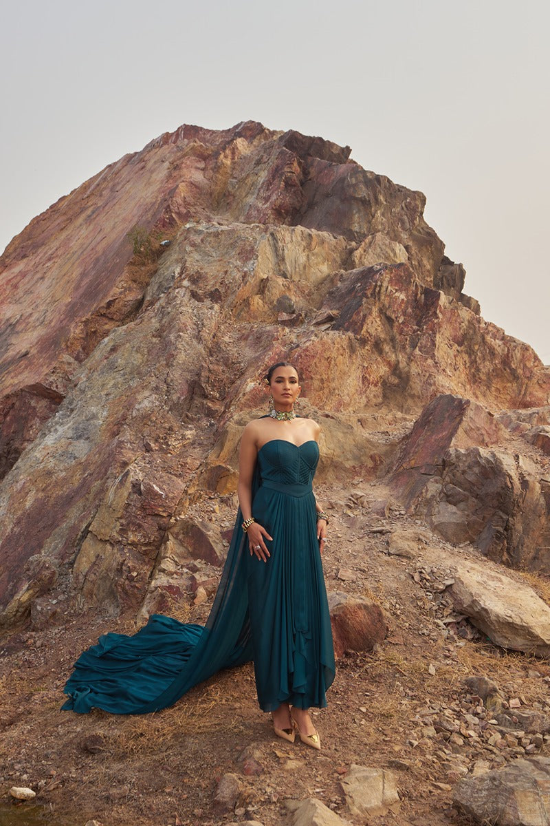 SERENE TEAL DRAPE SKIRT SET