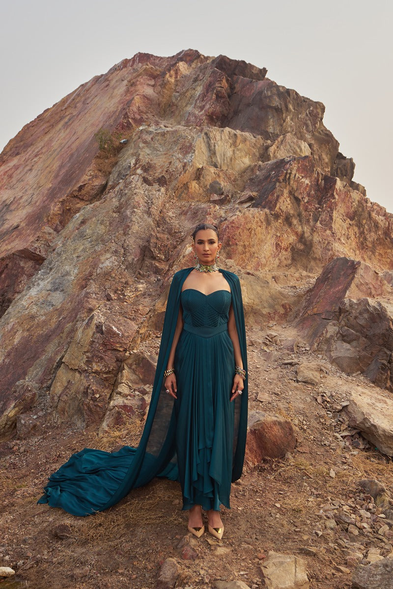 SERENE TEAL DRAPE SKIRT SET