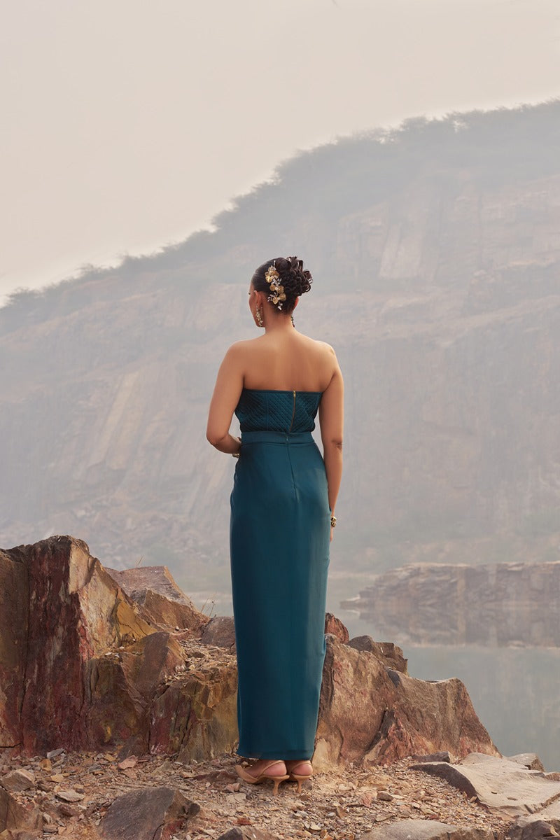 SERENE TEAL DRAPE SKIRT SET