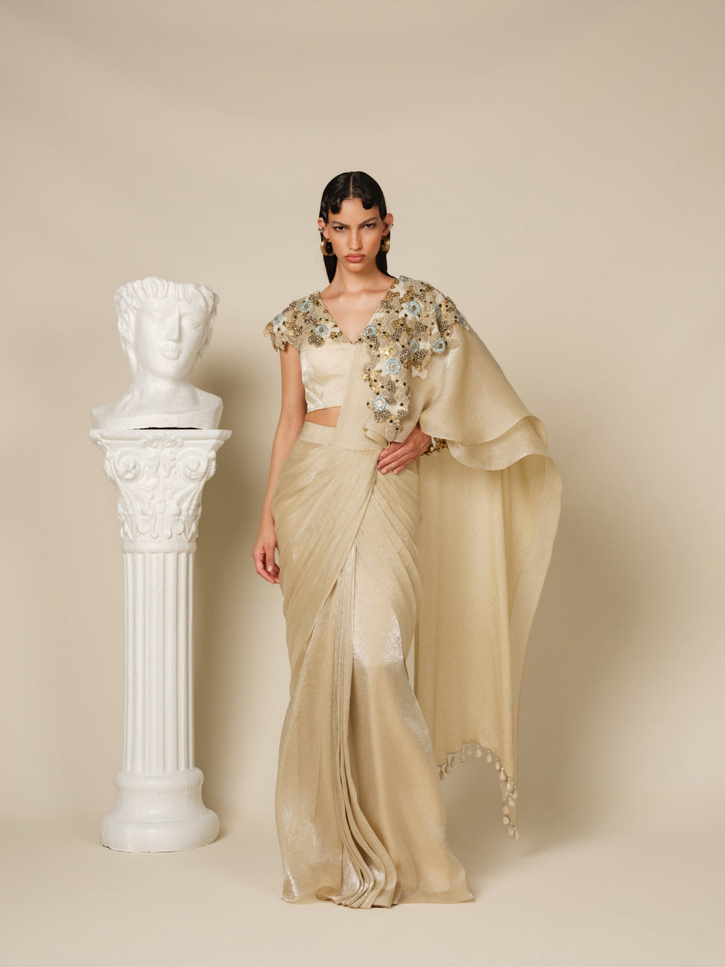 Golden Collar Dusk Drape Saree Set