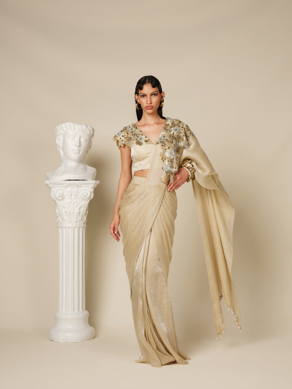 Golden Collar Dusk Drape Saree Set
