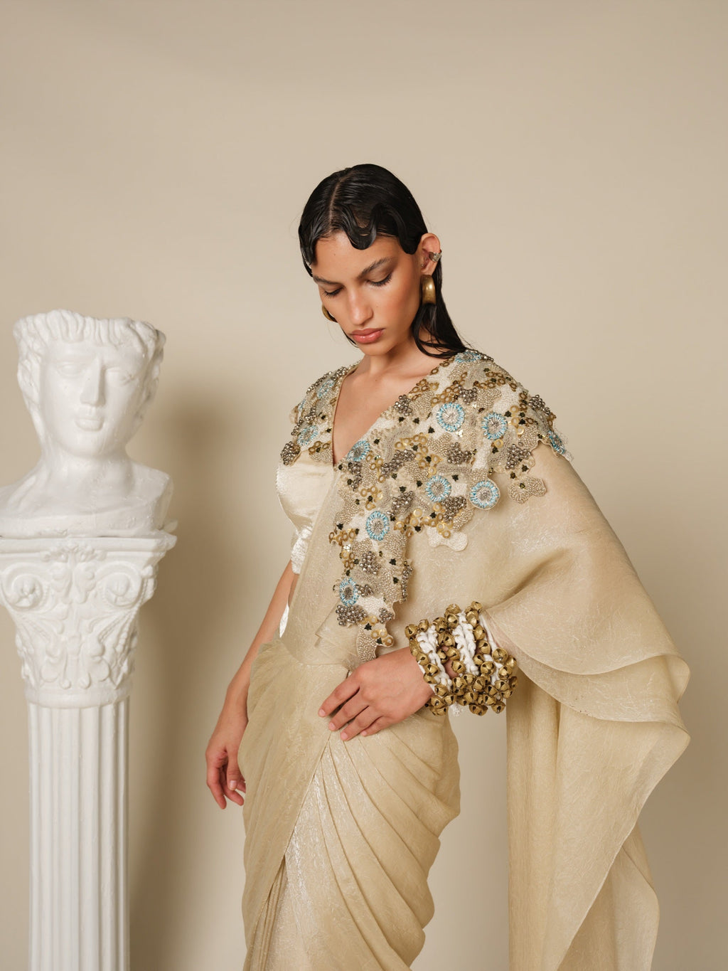 Golden Collar Dusk Drape Saree Set