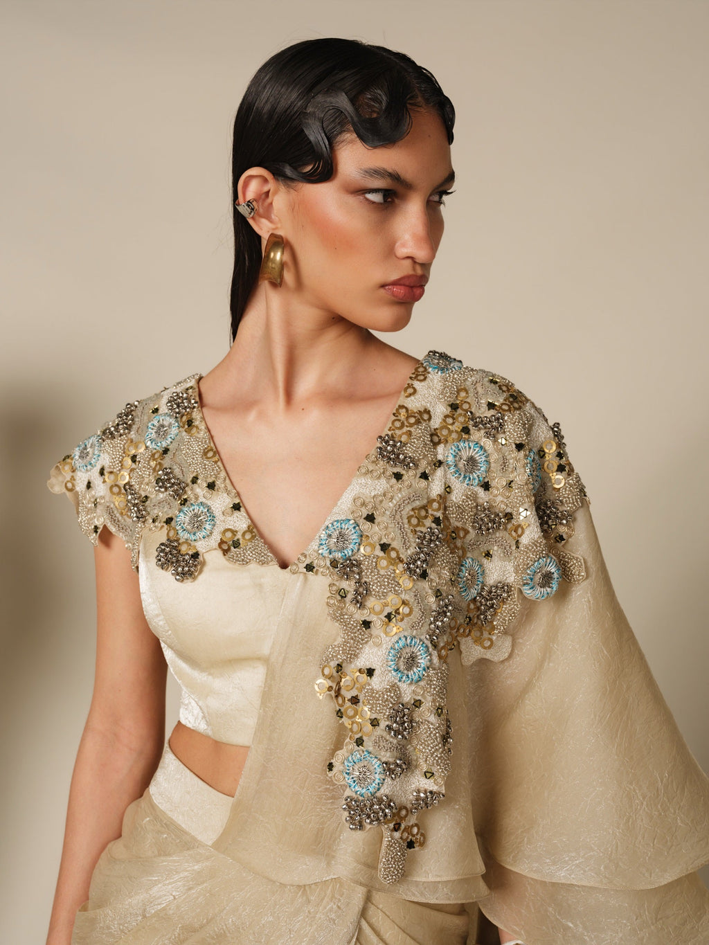 Golden Collar Dusk Drape Saree Set