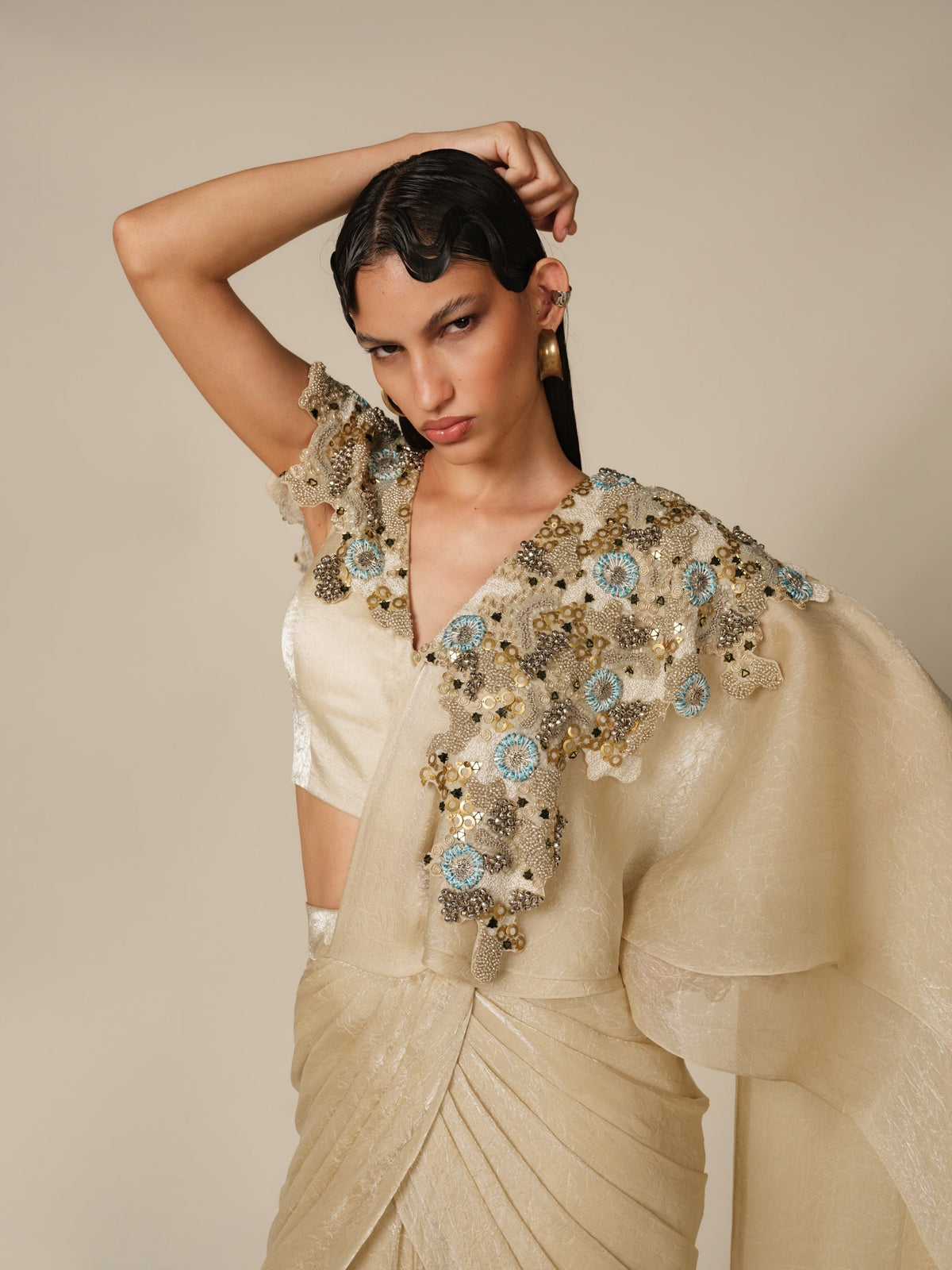 Golden Collar Dusk Drape Saree Set