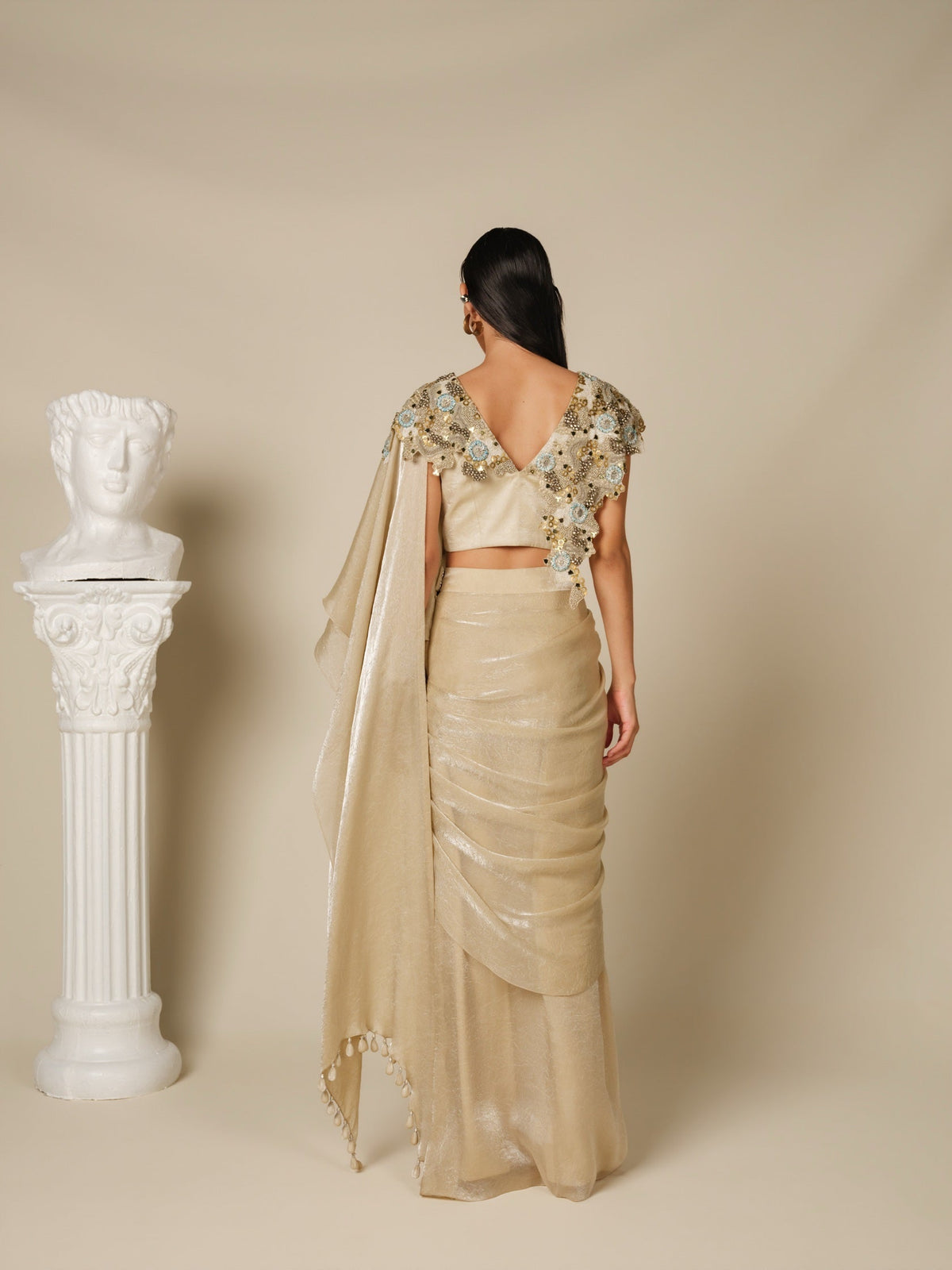Golden Collar Dusk Drape Saree Set