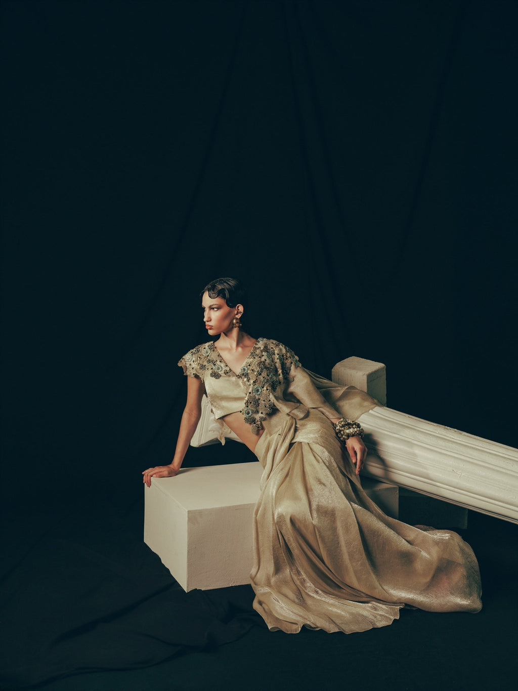 Golden Collar Dusk Drape Saree Set