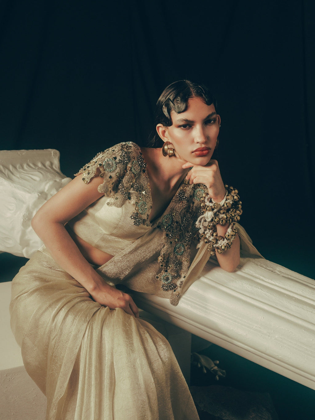Golden Collar Dusk Drape Saree Set