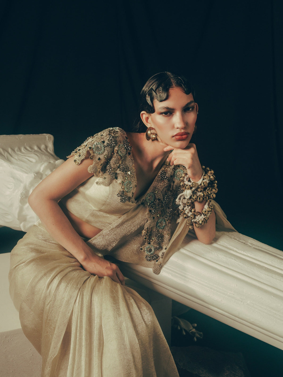 Golden Collar Dusk Drape Saree Set