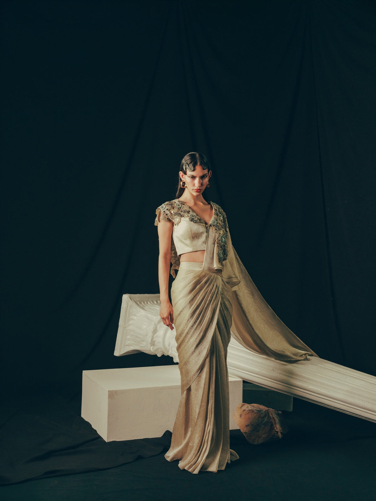 Golden Collar Dusk Drape Saree Set