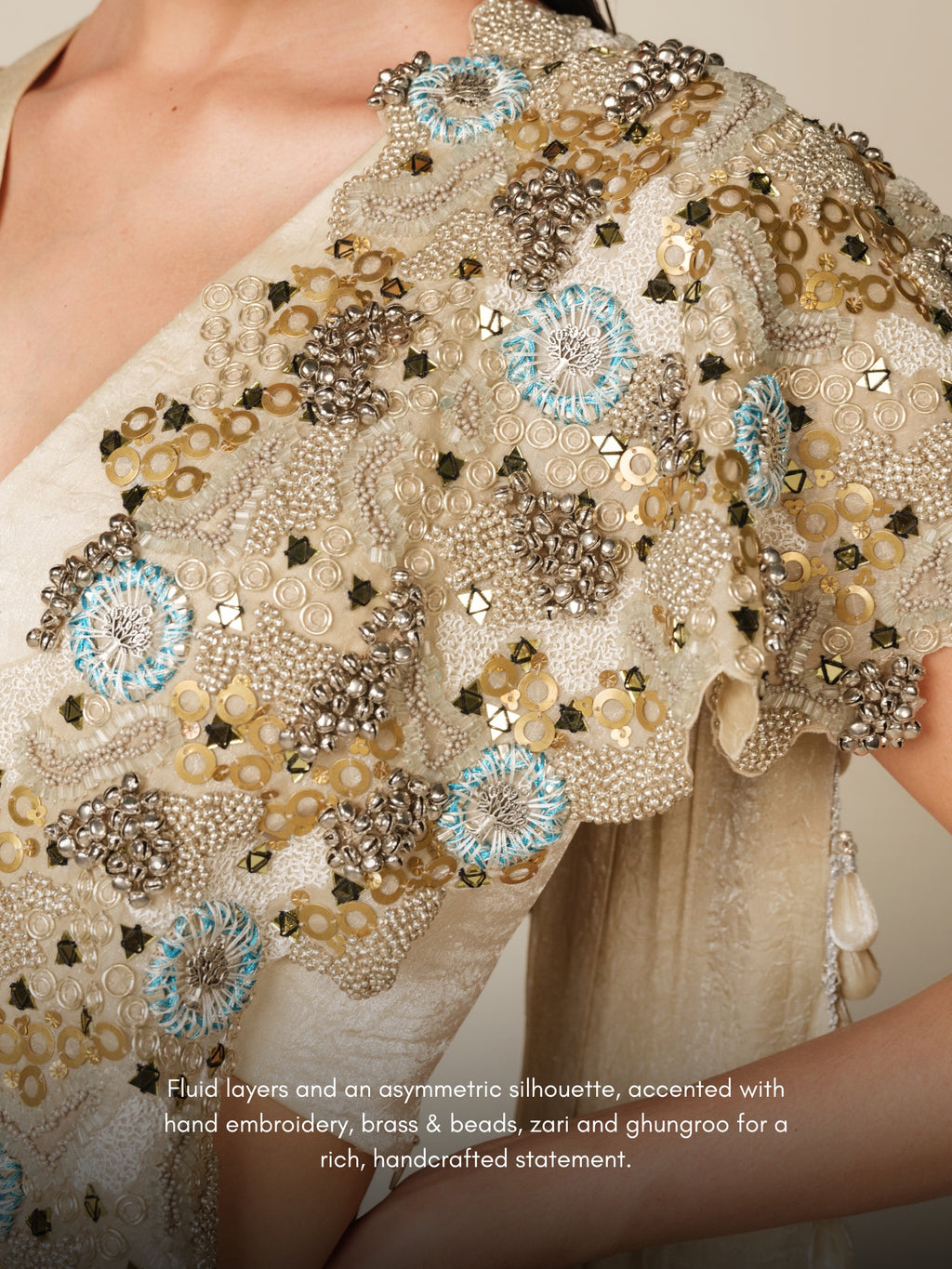 Sculpted Light Drape Saree Set – embroidery close-up